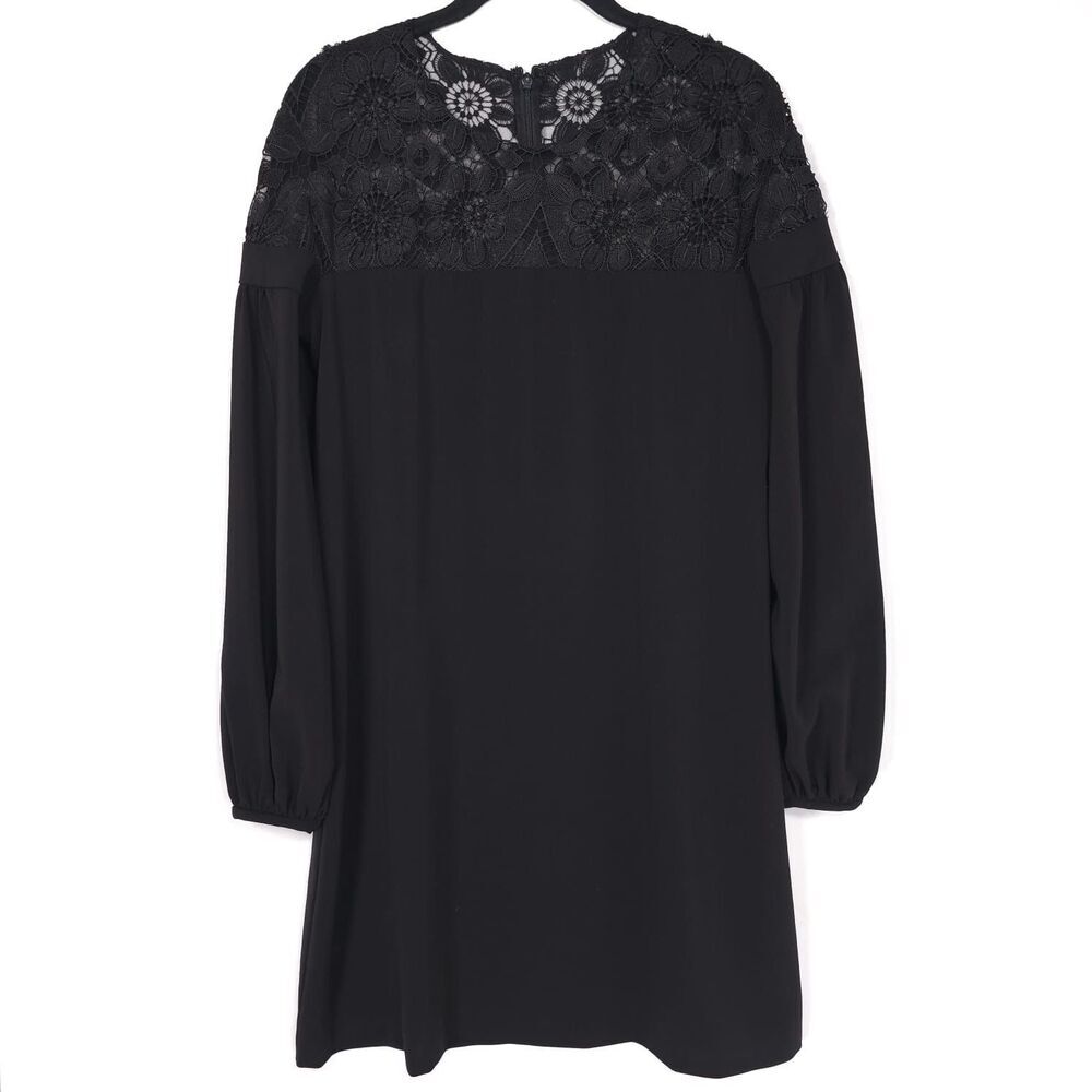 MONIQUE LHUILLIER Shift Mini Dress Size‎ 8 Floral Lace Panel Black Long Sleeve